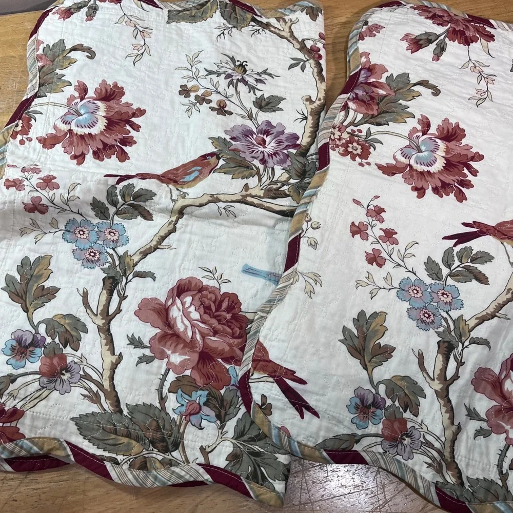 Waverly Charleston Chirp Quilt Set Full/Queen Cream Burgundy Floral Bird Rev